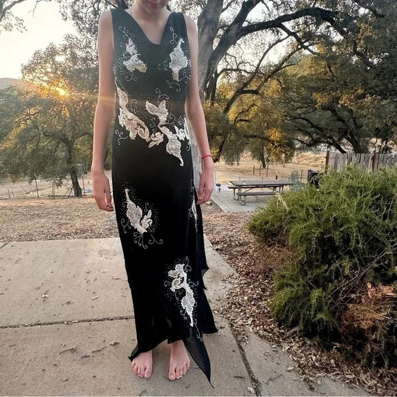 Dark Fairy Wimsy Goth Black Beaded lined gown size small raw hem sheer - Picture 14 of 14